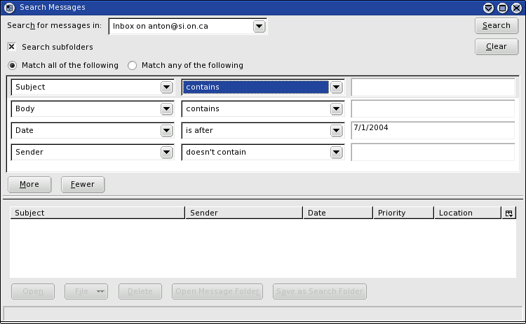 Thunderbird Search showing some optional added critera