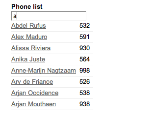 Screenshot of phone list quick search