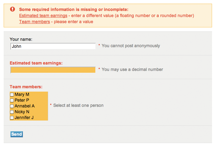 Example of validation error feedback