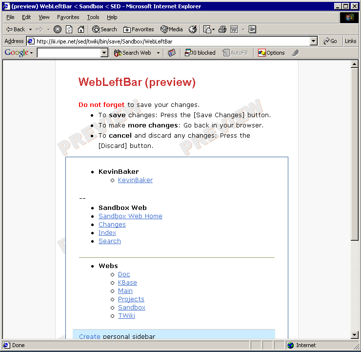 Previewing the edit. Notice that it has my Wikiname correct.